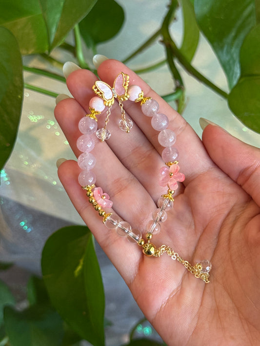 Rose Quartz & Clear Quartz & Pink Queen Conch Shell Butterfly Bracelet