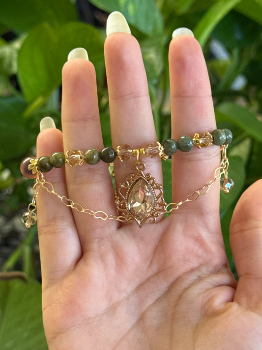 Dark Jade Charm Bracelet Adjustable Gold