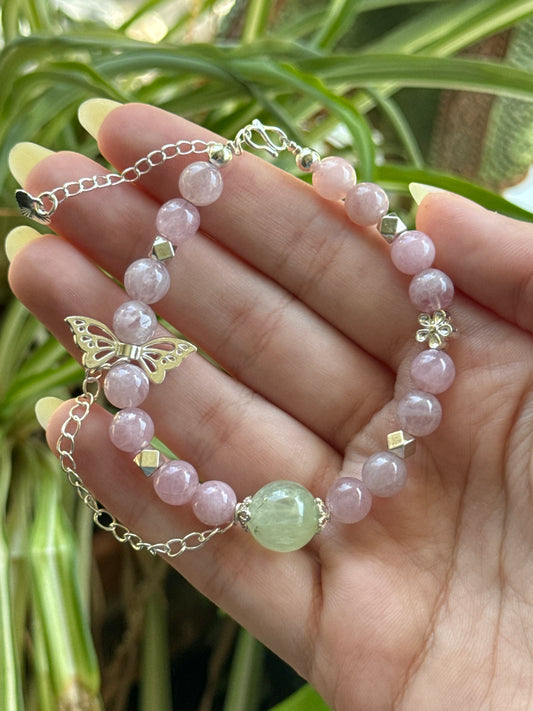 Lavender Rose Quartz & Prehnite Butterfly Adjustable Bracelet