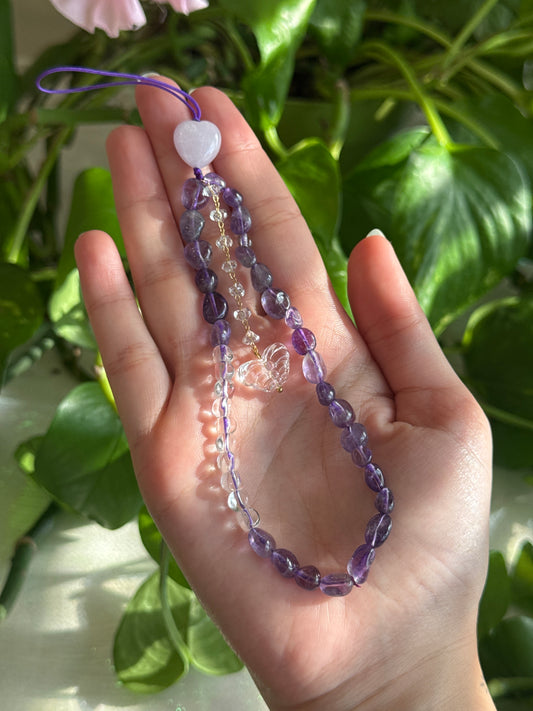 Amethyst, Clear Quartz, and Kunzite Heart Butterfly Phone Charm