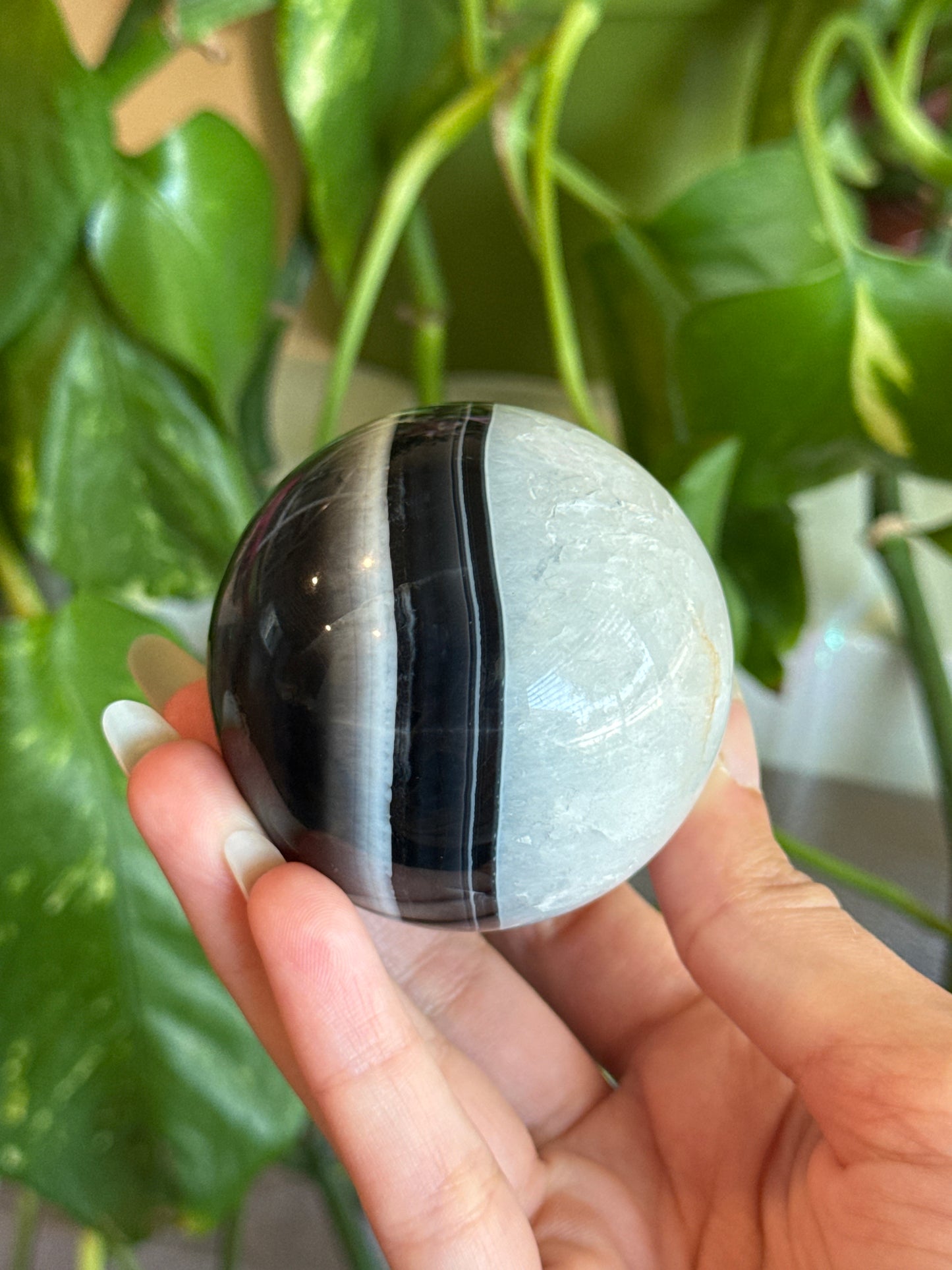 Moody Banded Black Agate & Quartz Sphere C