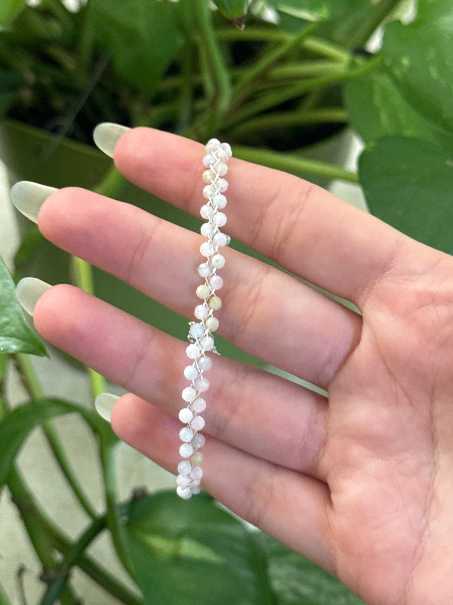 Morganite Dainty Braided Adjustable Silver Bracelet