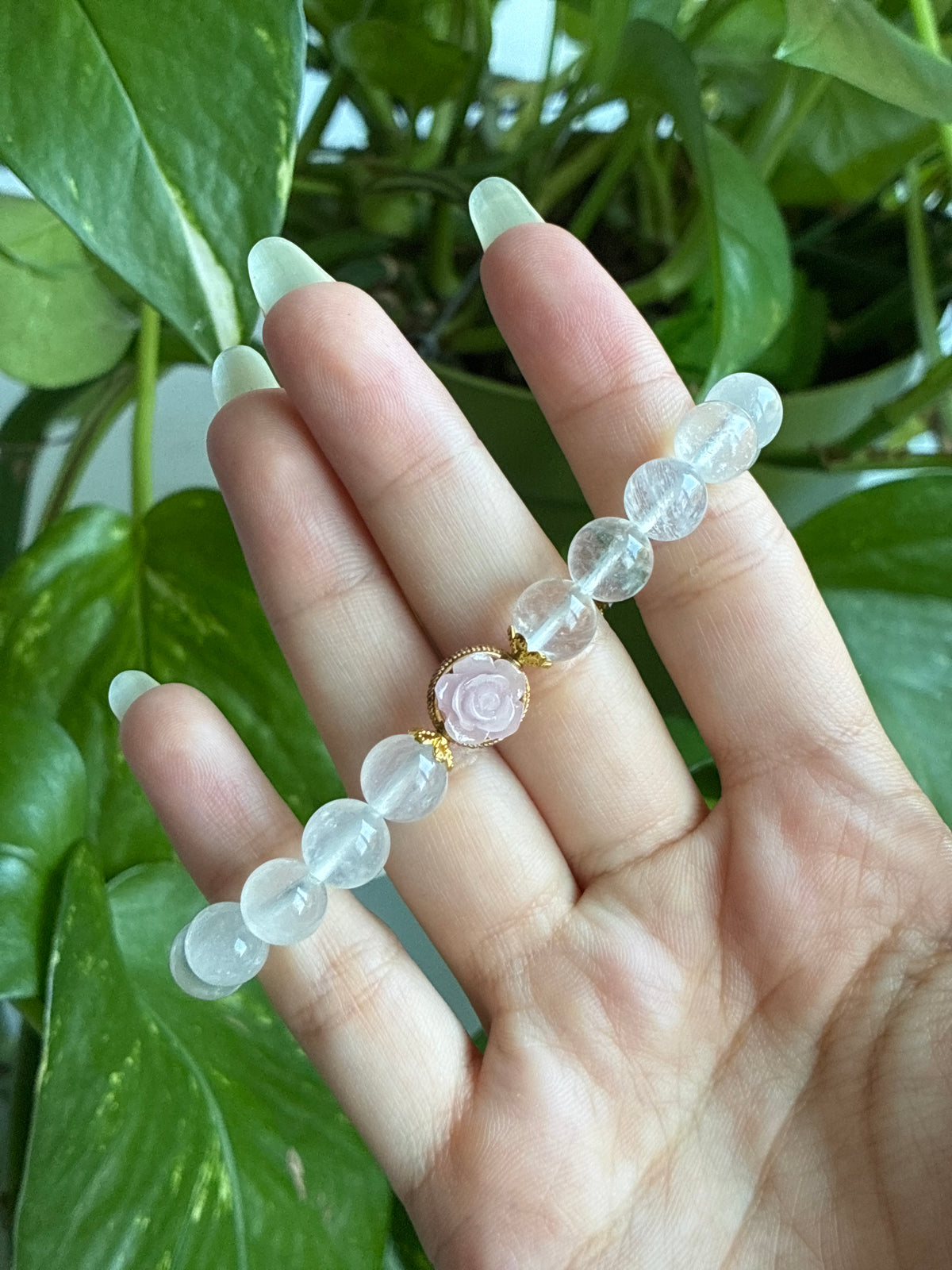 Clear Quartz Heart and Rose Bracelet