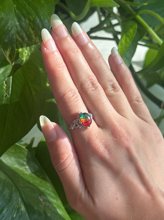 Flashy Ammonite with Clear Quartz Overlay 925 Sterling Silver Adjustable Ring