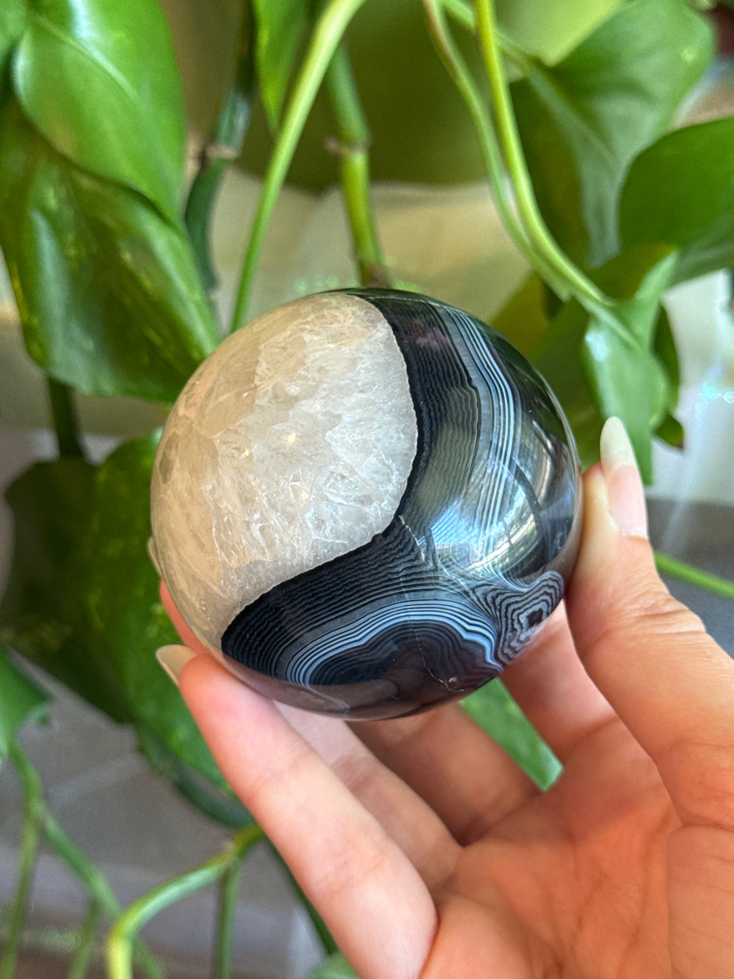 Moody Banded Black Agate & Quartz Sphere B