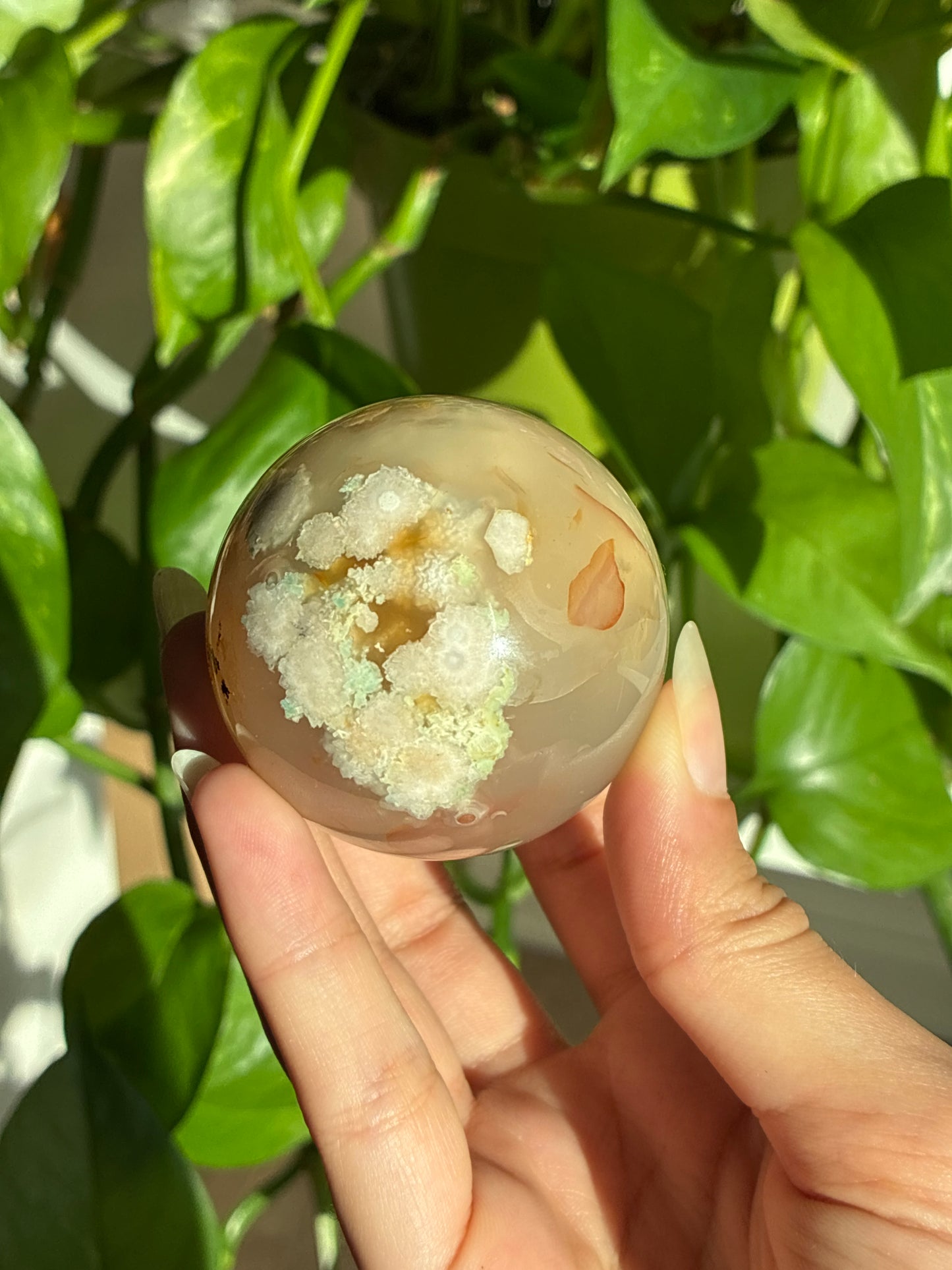 Beautiful Peachy & Green Flower Agate Sphere with Carnelian Inclusions