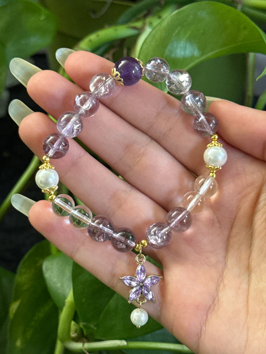 Amethyst, Pearl, & Clear Quartz Flower Bracelet