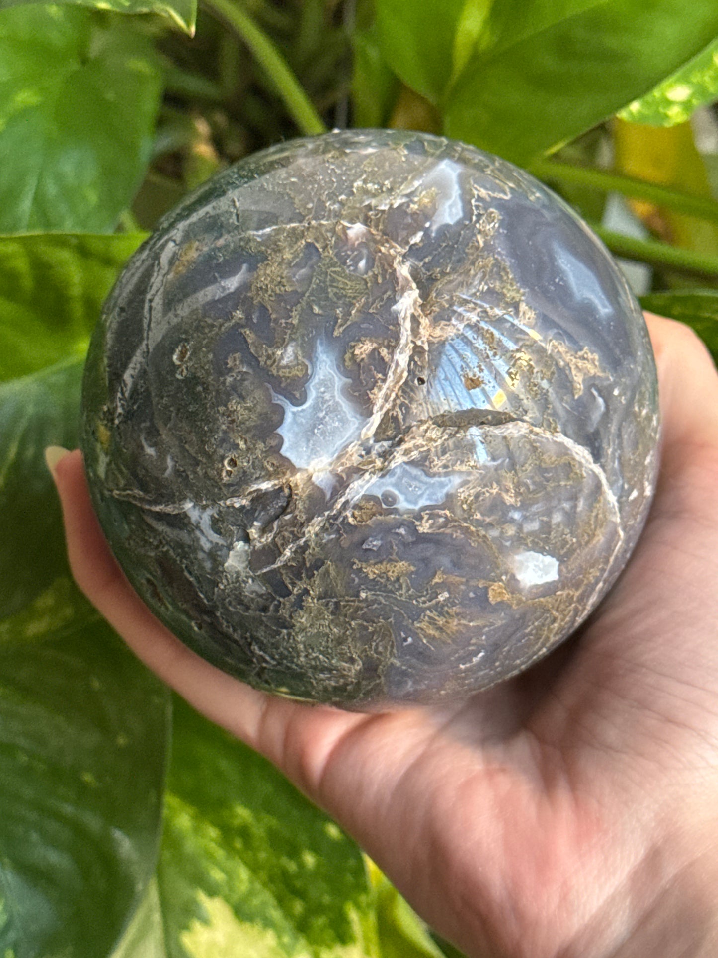 Large Dark Blue Moody Moss Agate Sphere 90mm