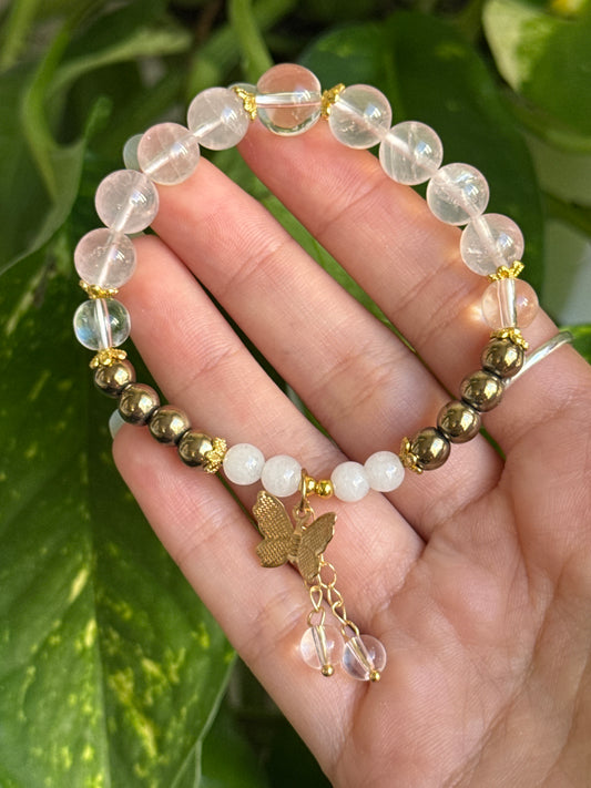 Rose Quartz & Clear Quartz & Pyrite Butterfly Bracelet