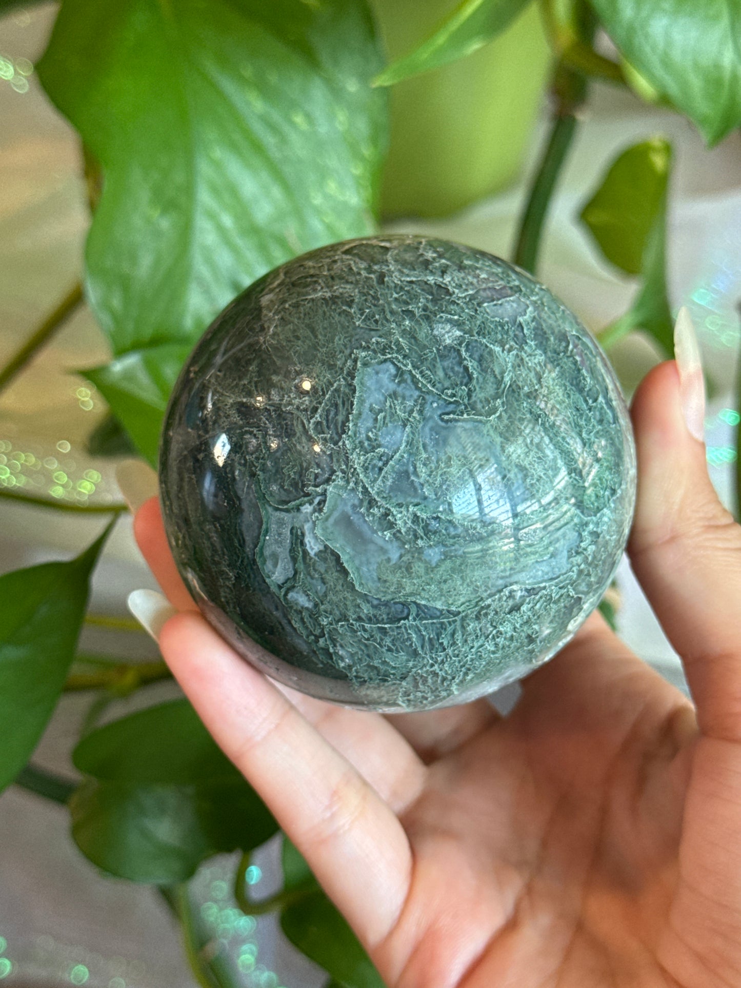 Moody Color Split Moss Agate Sphere