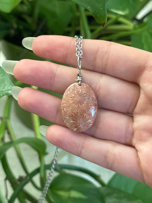 Fossilized Coral Oval Necklace