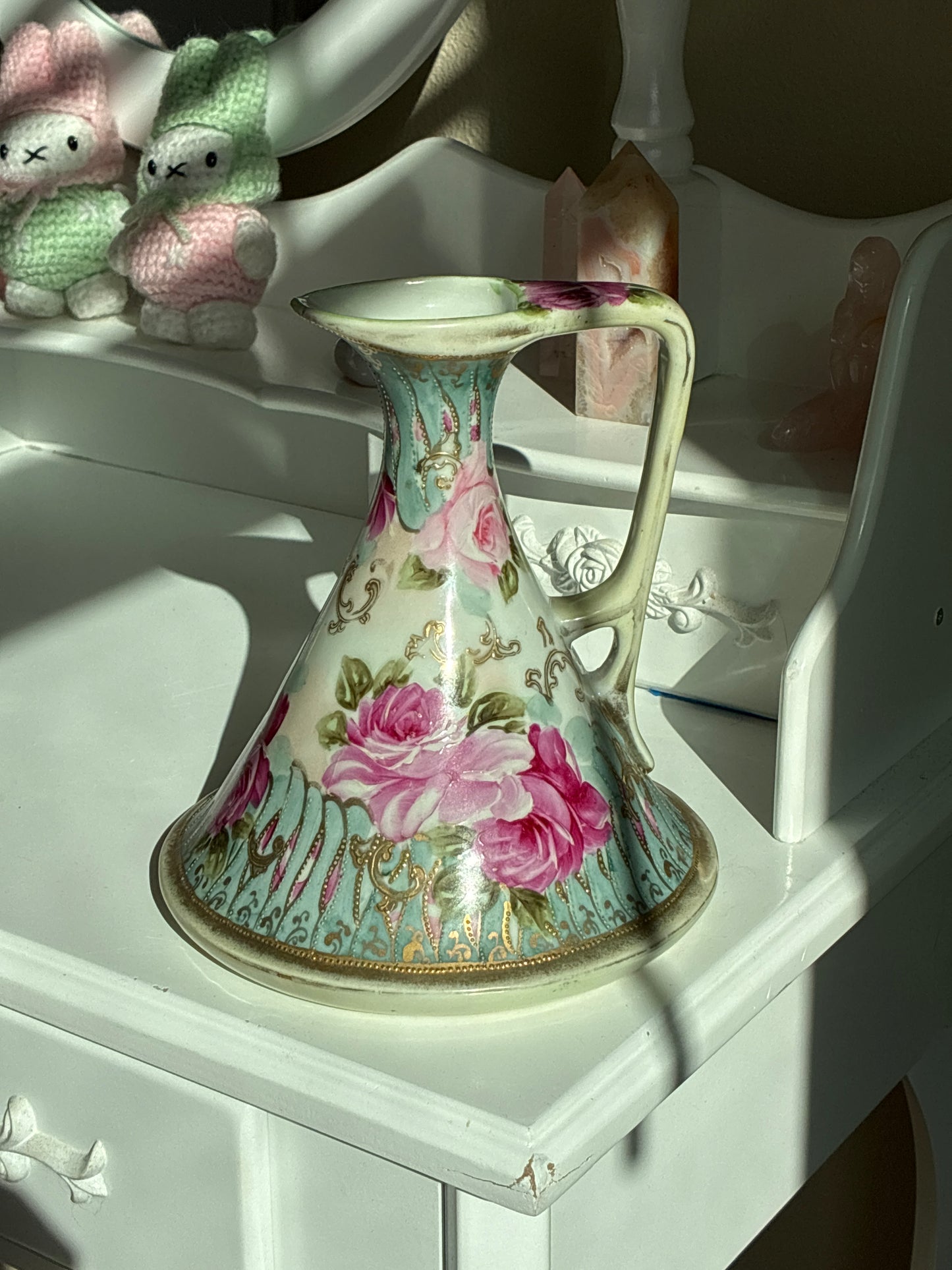 Pitcher with Pink Rose and Gold Embellishments