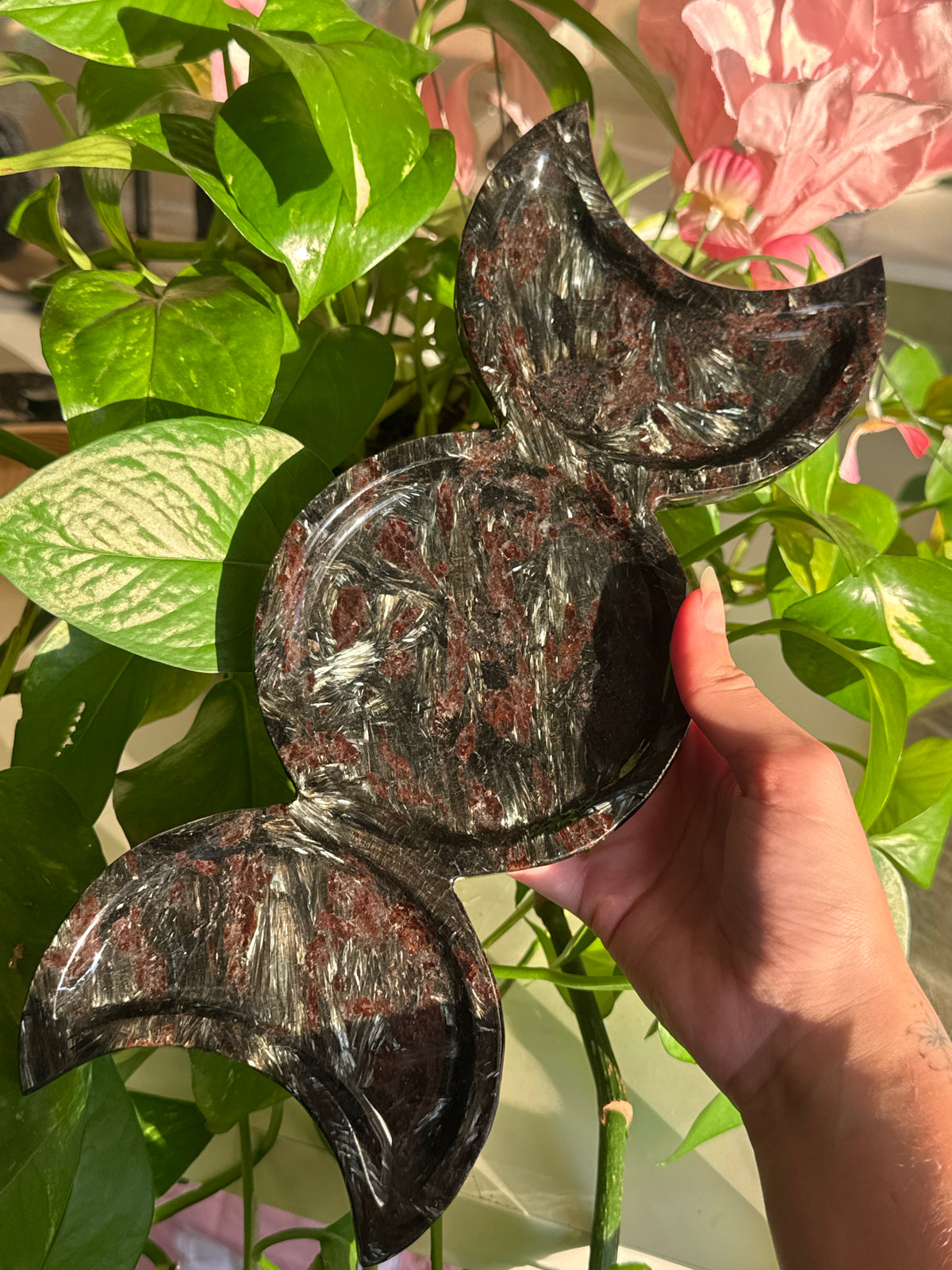Triple Moon Garnet in Black Tourmaline Dish