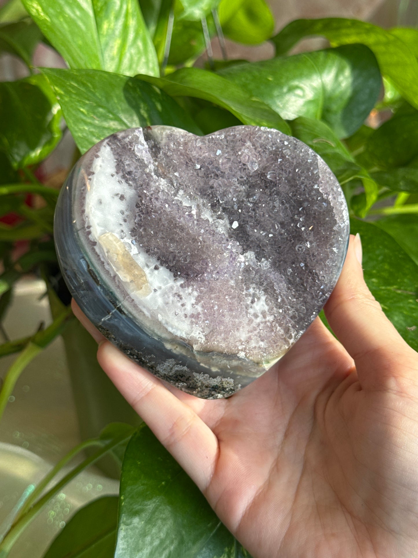Amethyst & Sugar Calcite Stalactite Druzy Geode Heart