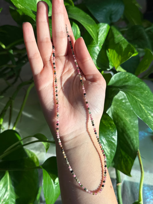 Pink and Green Tourmaline Dainty Faceted Beaded Adjustable Necklace