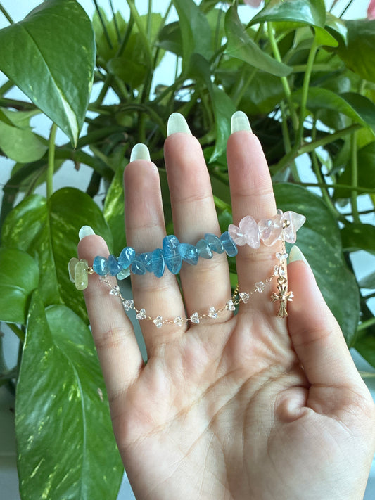 Morganite & Aquamarine Chip Bracelet with Charm Accent