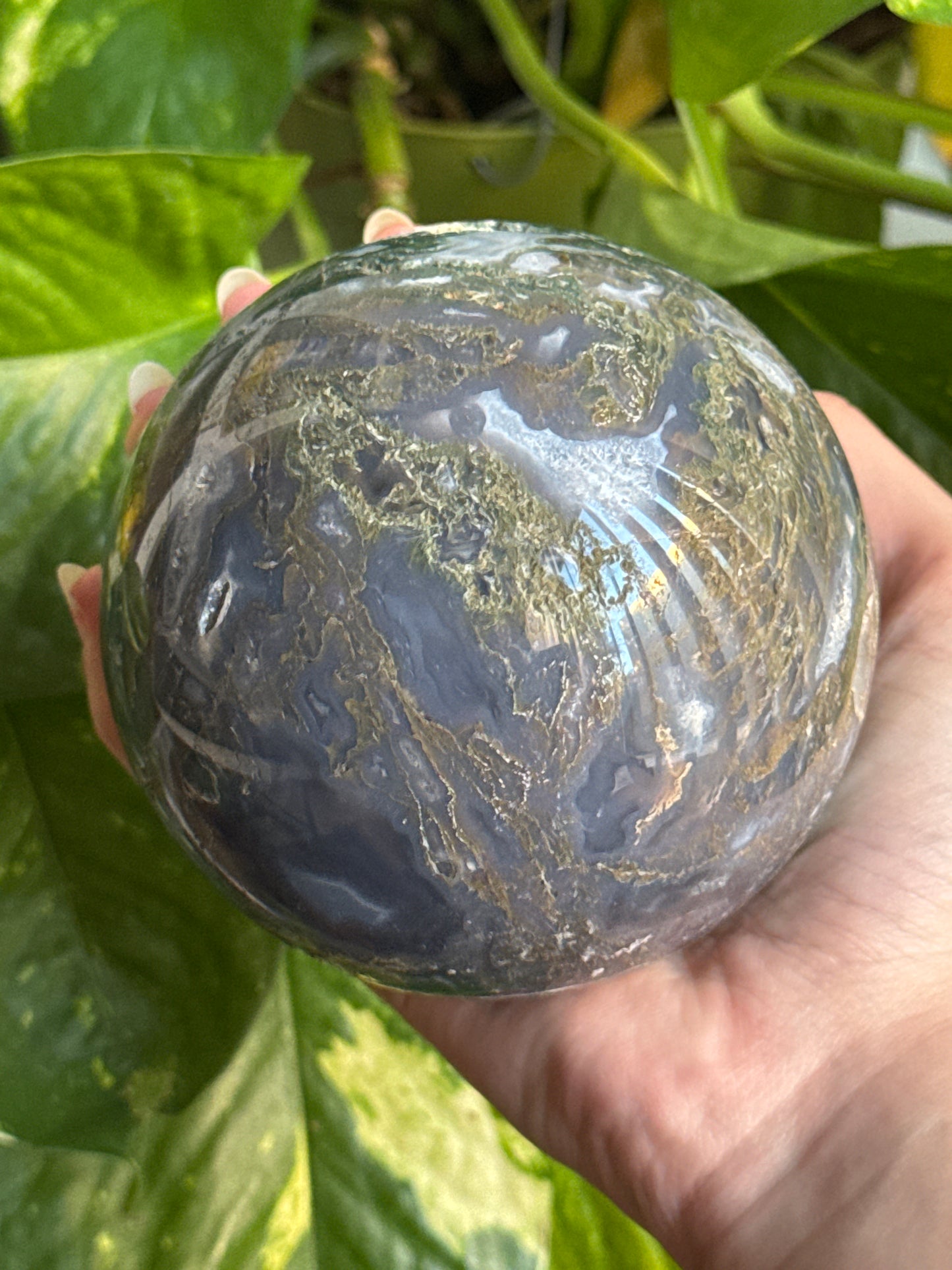 Large Dark Blue Moody Moss Agate Sphere 90mm