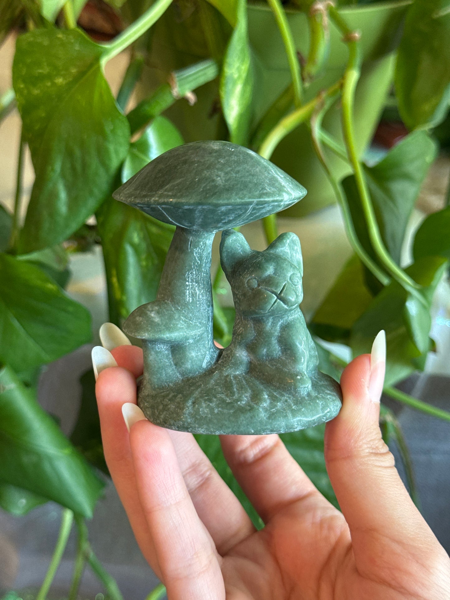 Green Jasper Puppy with Mushroom Carving