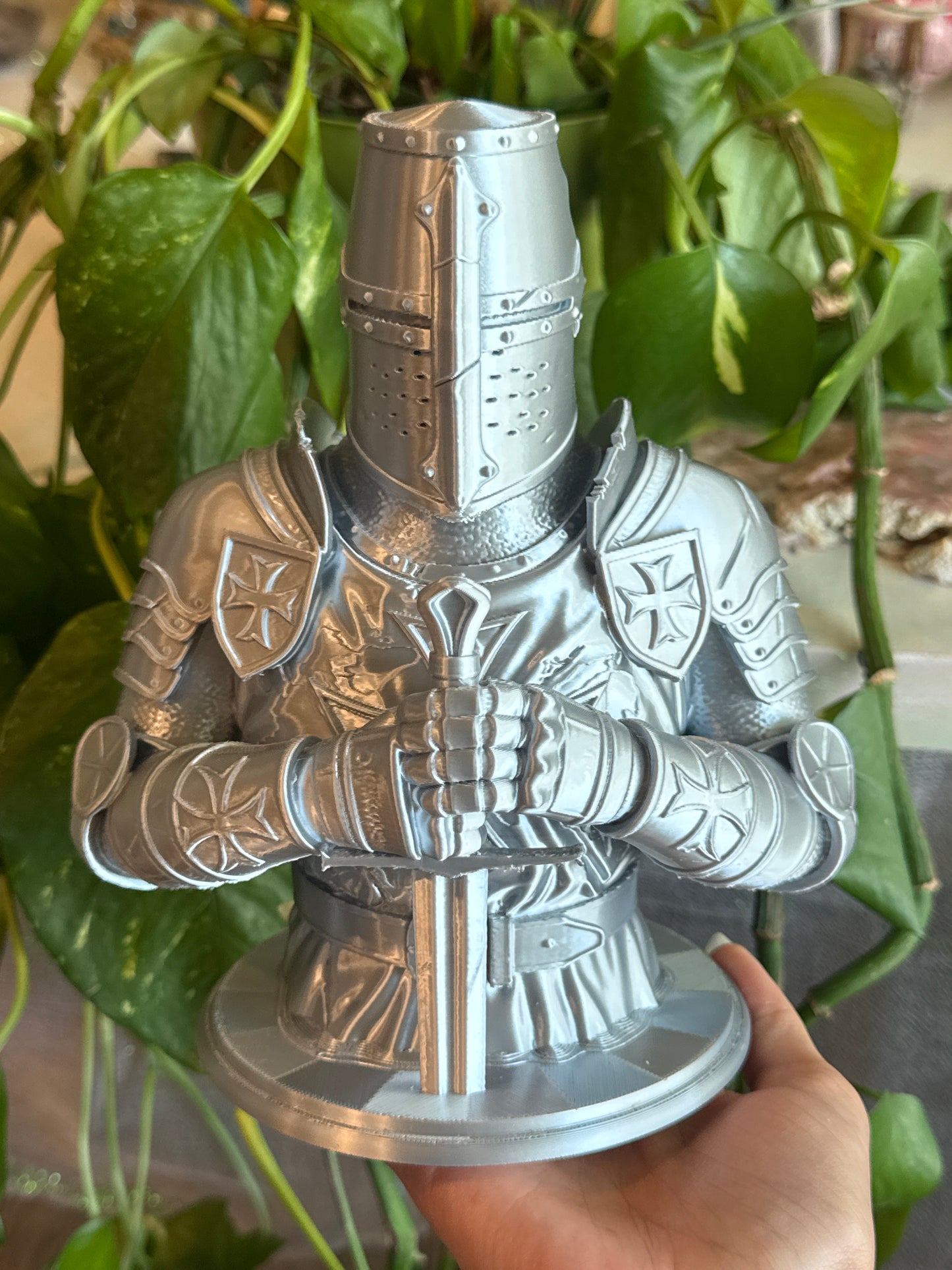 Metallic Silver Knight Statue Bust