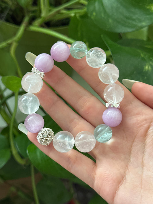 Rainbow Calcite, Cats Eye Kunzite, & Green Fluorite Chunky Statement Bracelet