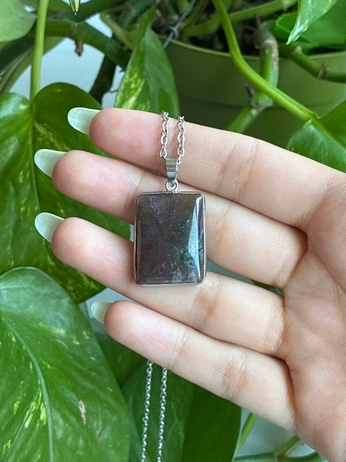 Rainbow Moss Agate Rectangle Necklace