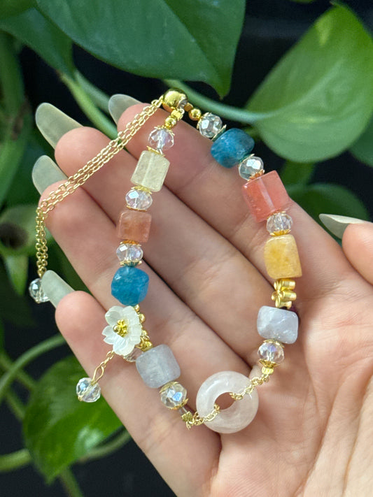 Adjustable Multi Colored Quartz & Rose Quartz Doughnut Bracelet