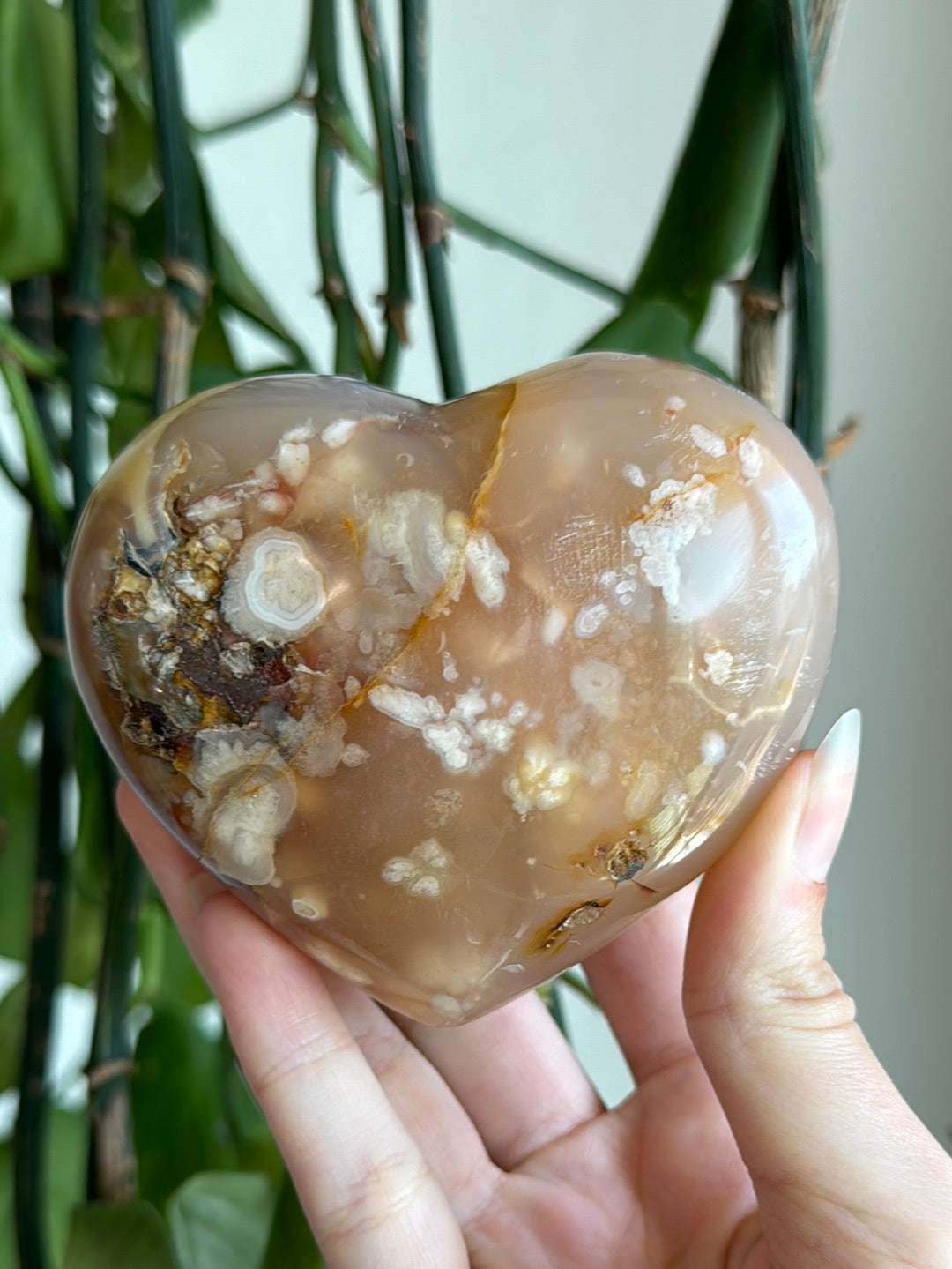 Peachy Flower Agate Heart