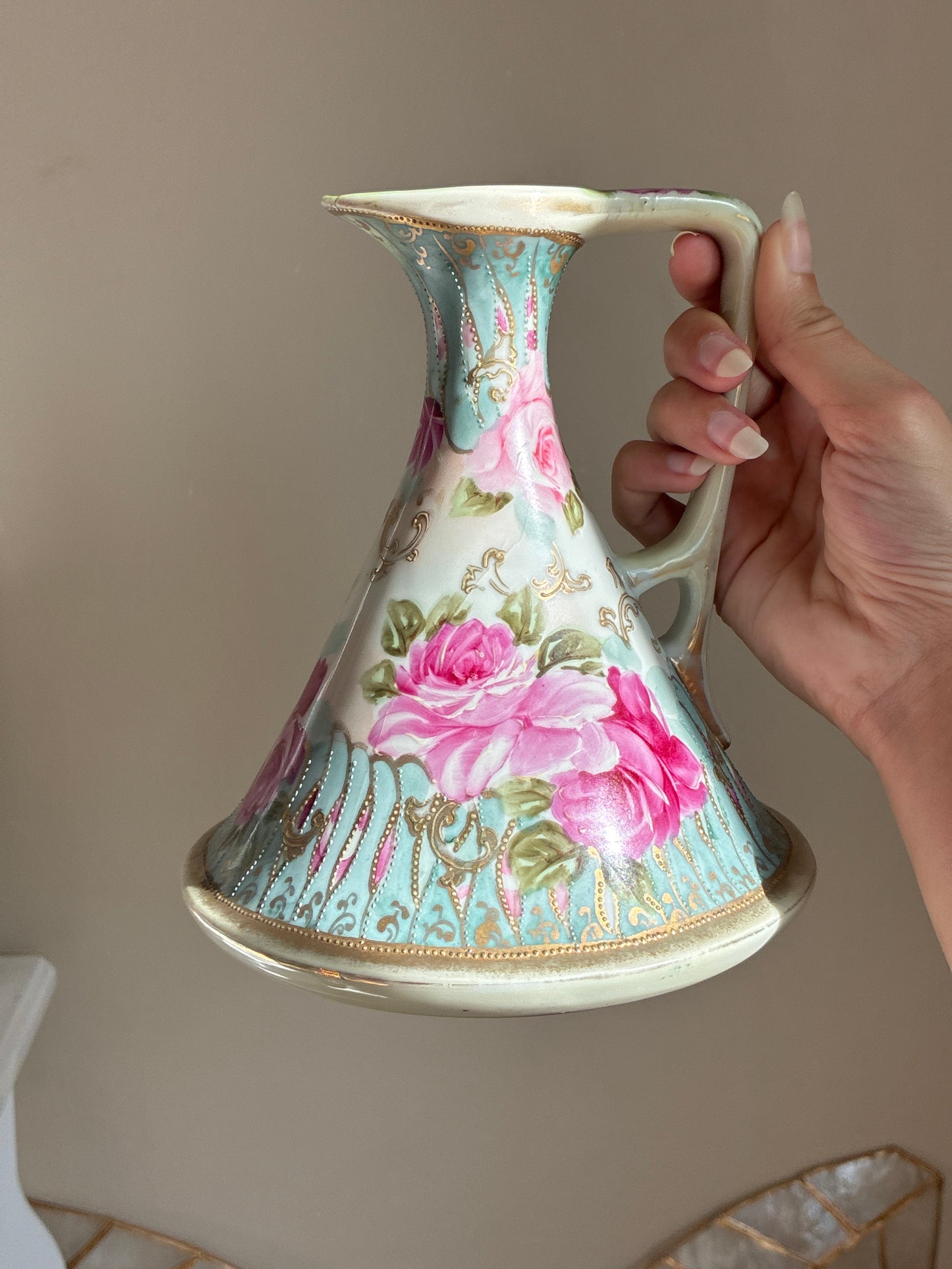 Pitcher with Pink Rose and Gold Embellishments