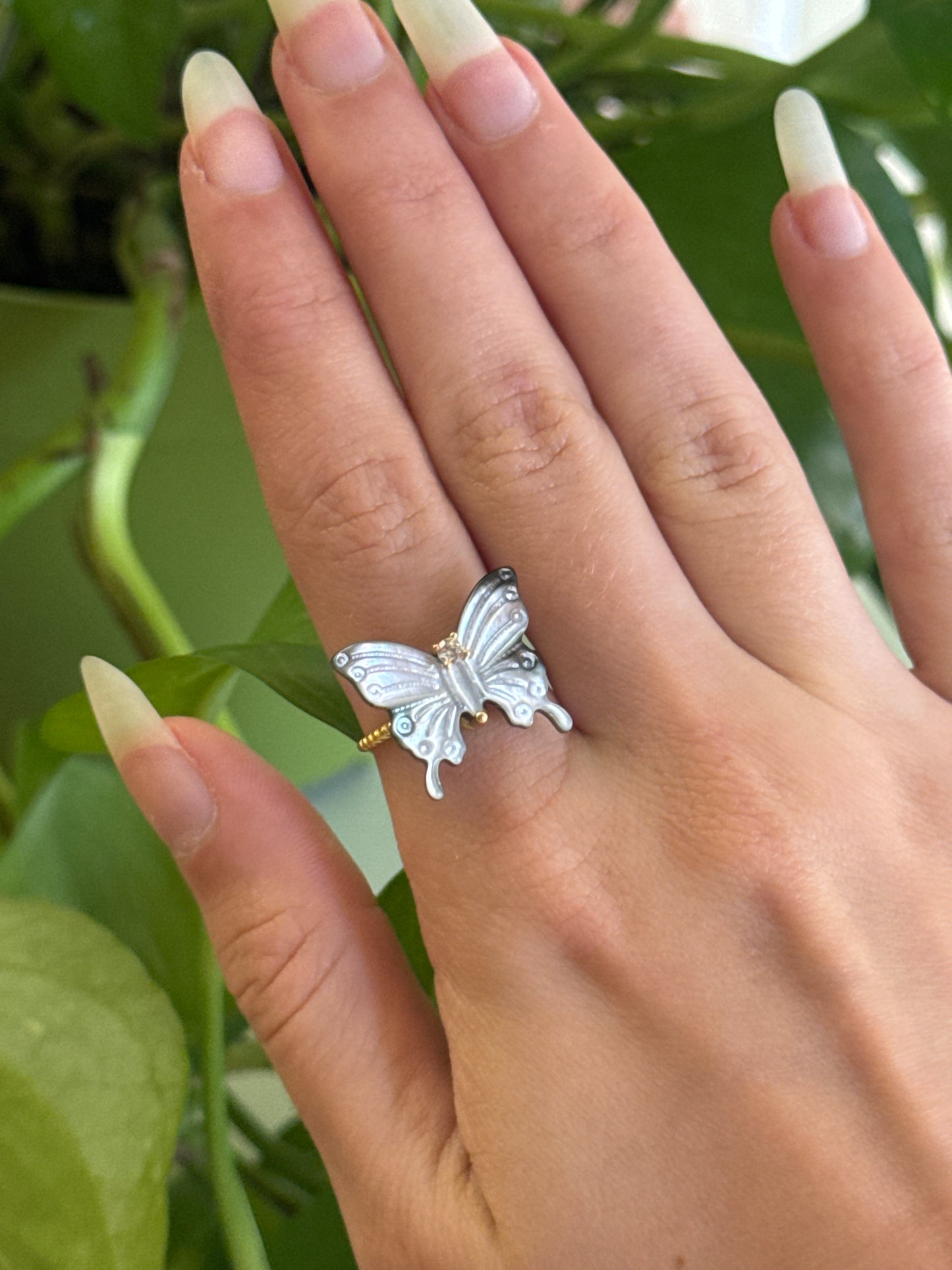 Black Abalone Shell Butterfly 925 Gold Vermeil Adjustable Ring