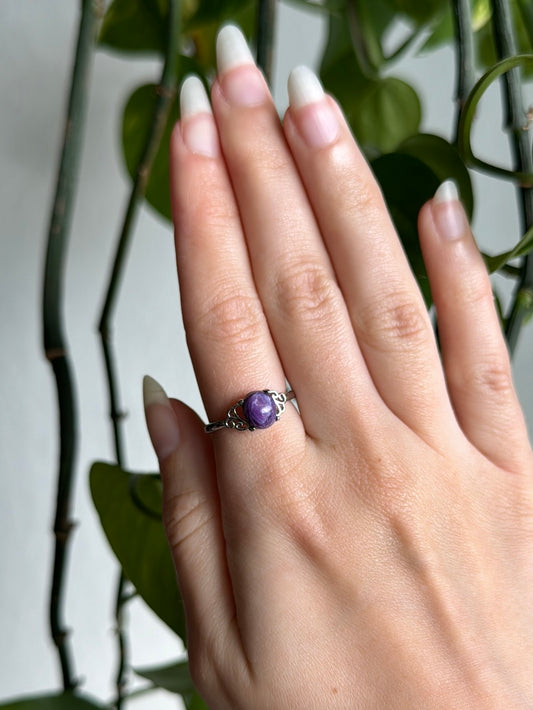 Dainty Charoite Adjustable Ring