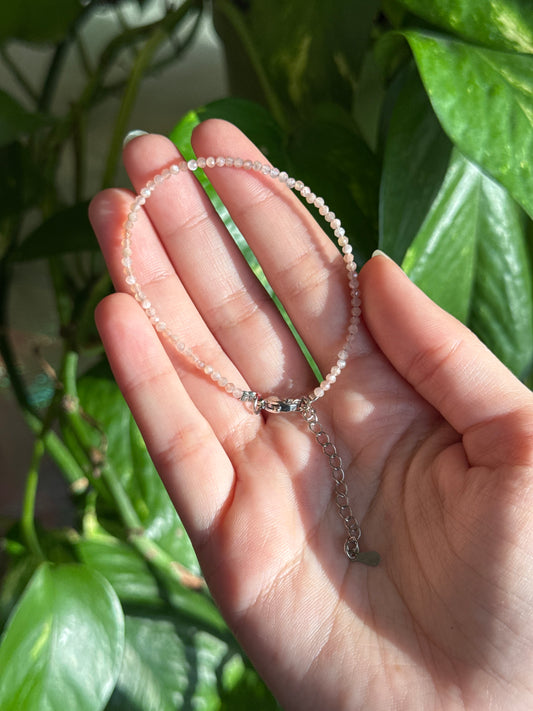 Peach Moonstone Beaded Dainty Silver Adjustable Bracelet