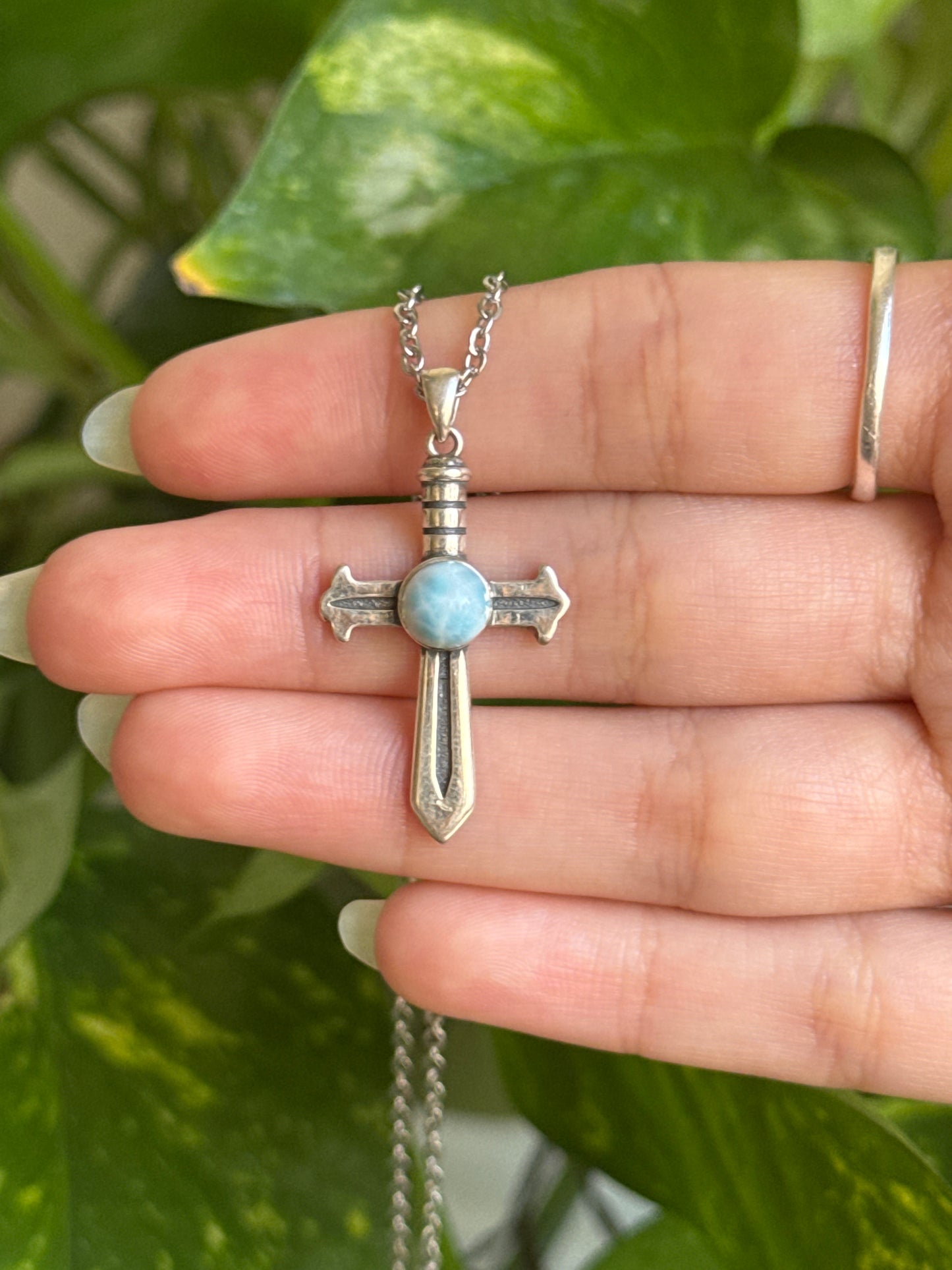 Larimar Sword 925 Sterling Silver Necklace