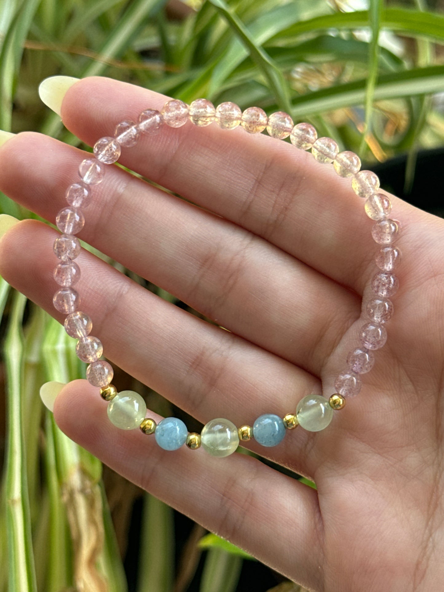 Strawberry Quartz & Prehnite & Aquamarine Bracelet