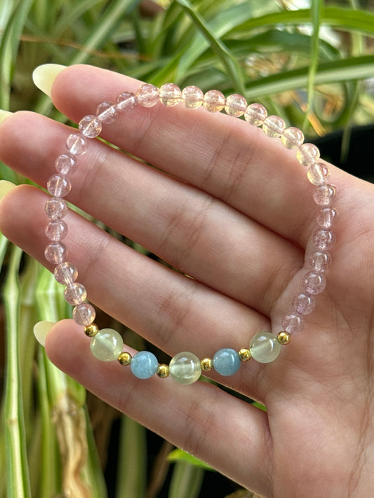 Strawberry Quartz & Prehnite & Aquamarine Bracelet