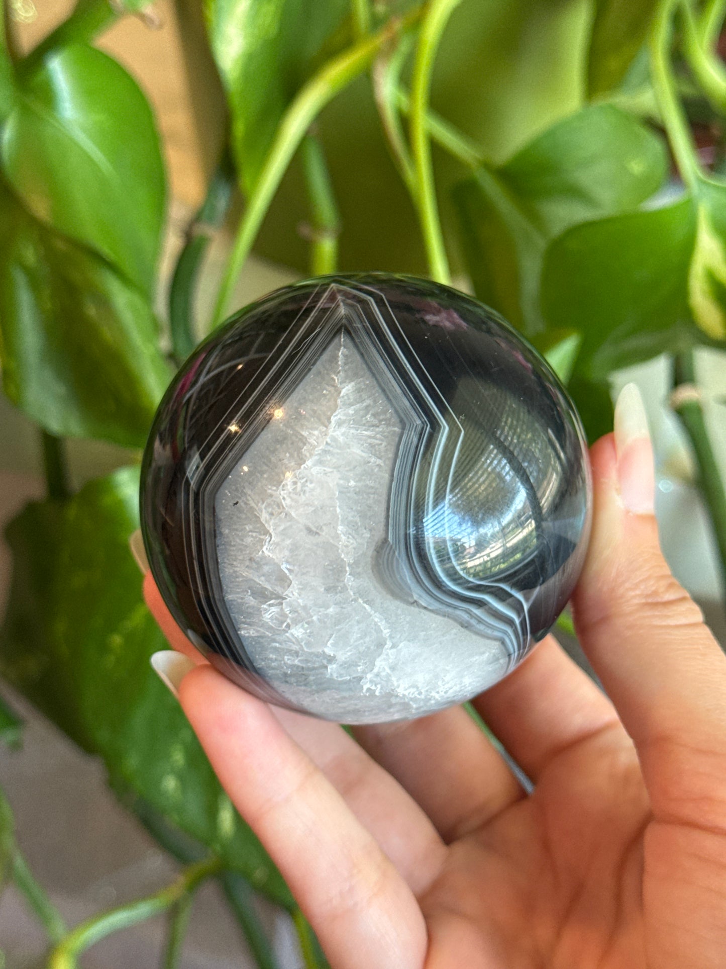 Moody Banded Black Agate & Quartz Sphere A