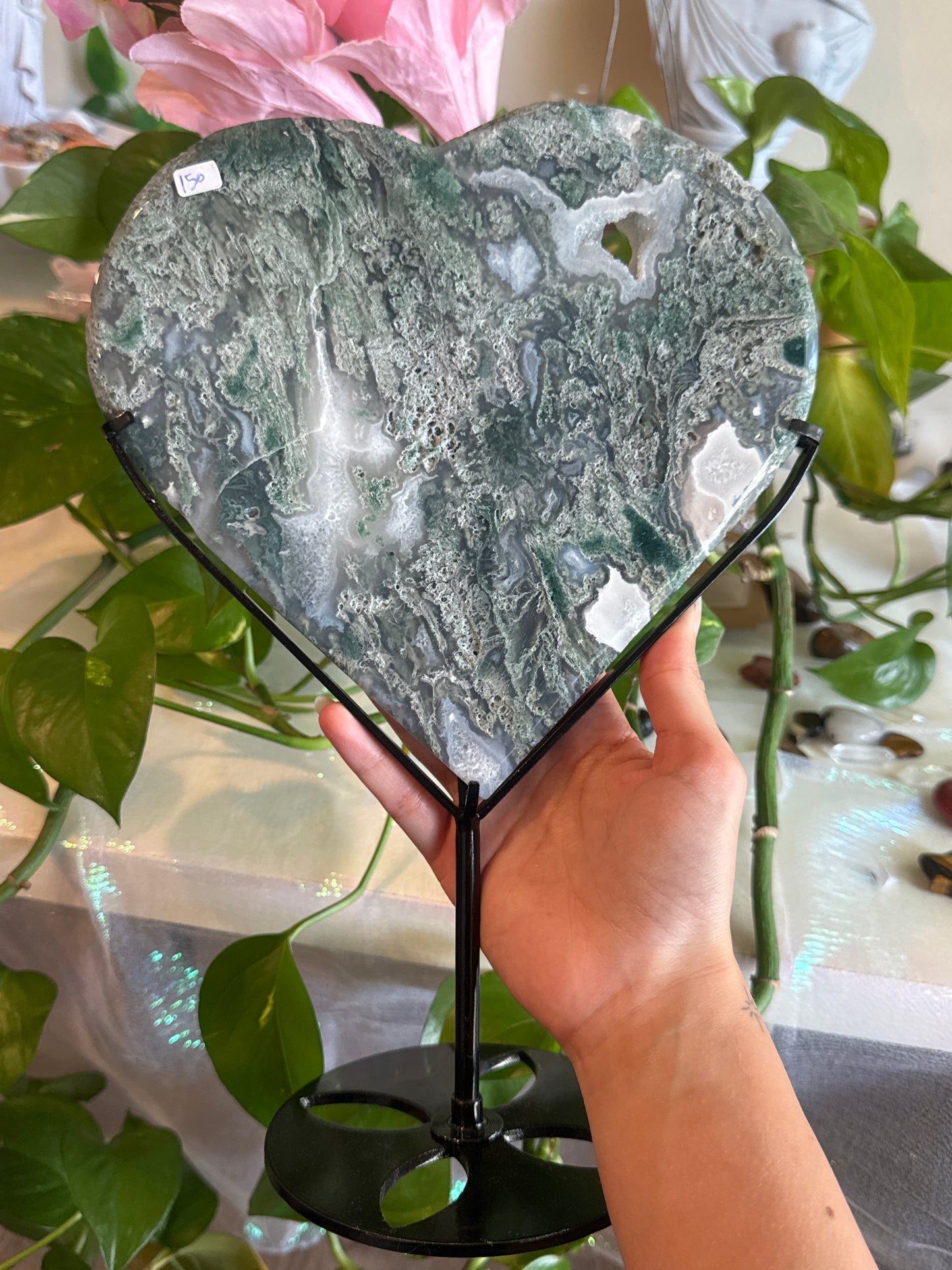 XL Druzy Moss Agate Standing Heart Statement Piece