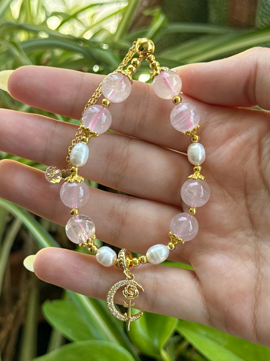 Rose Quartz & Pearl Adjustable Bracelet