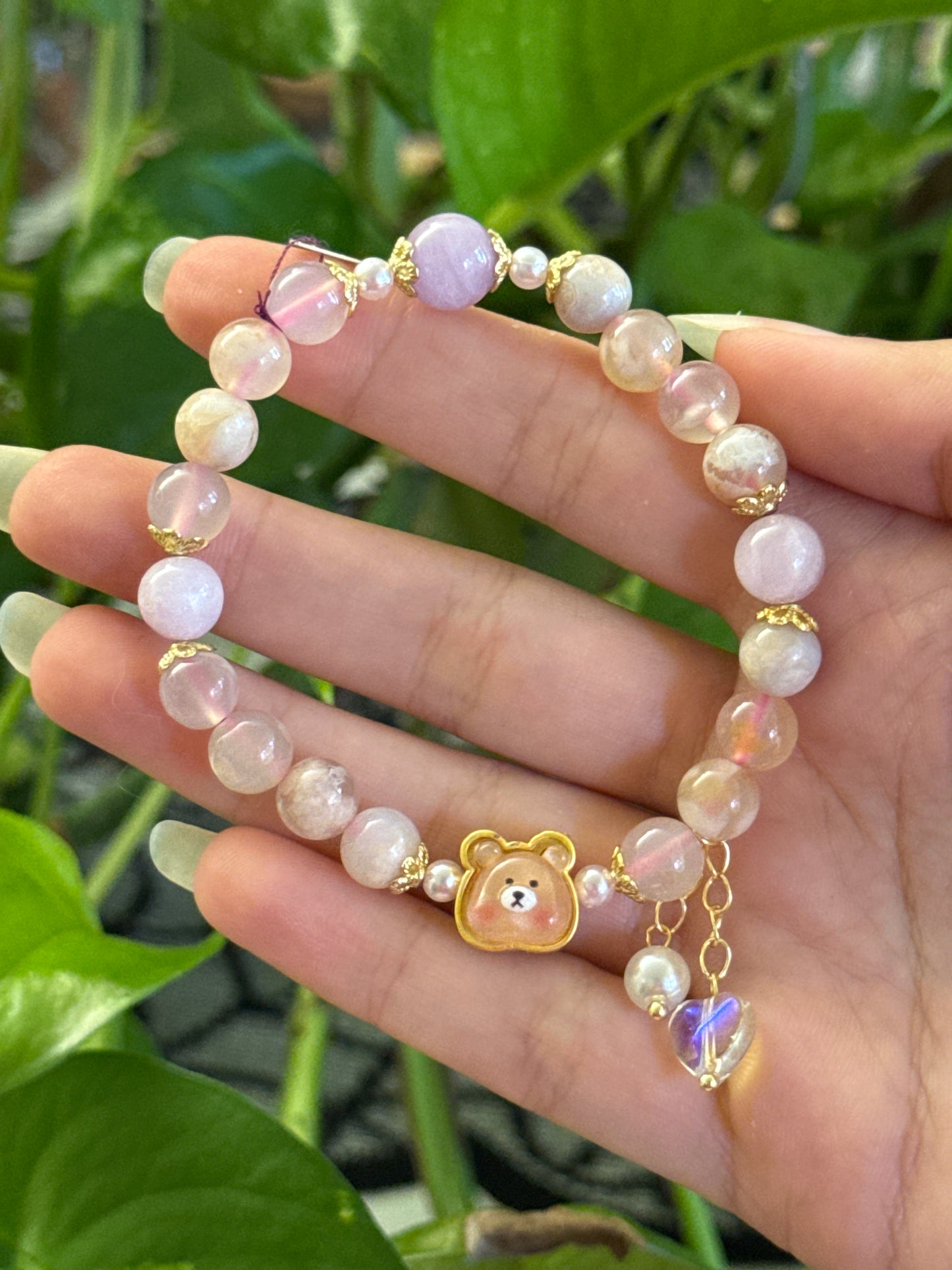 Flower Agate & Kunzite Bear Bracelet