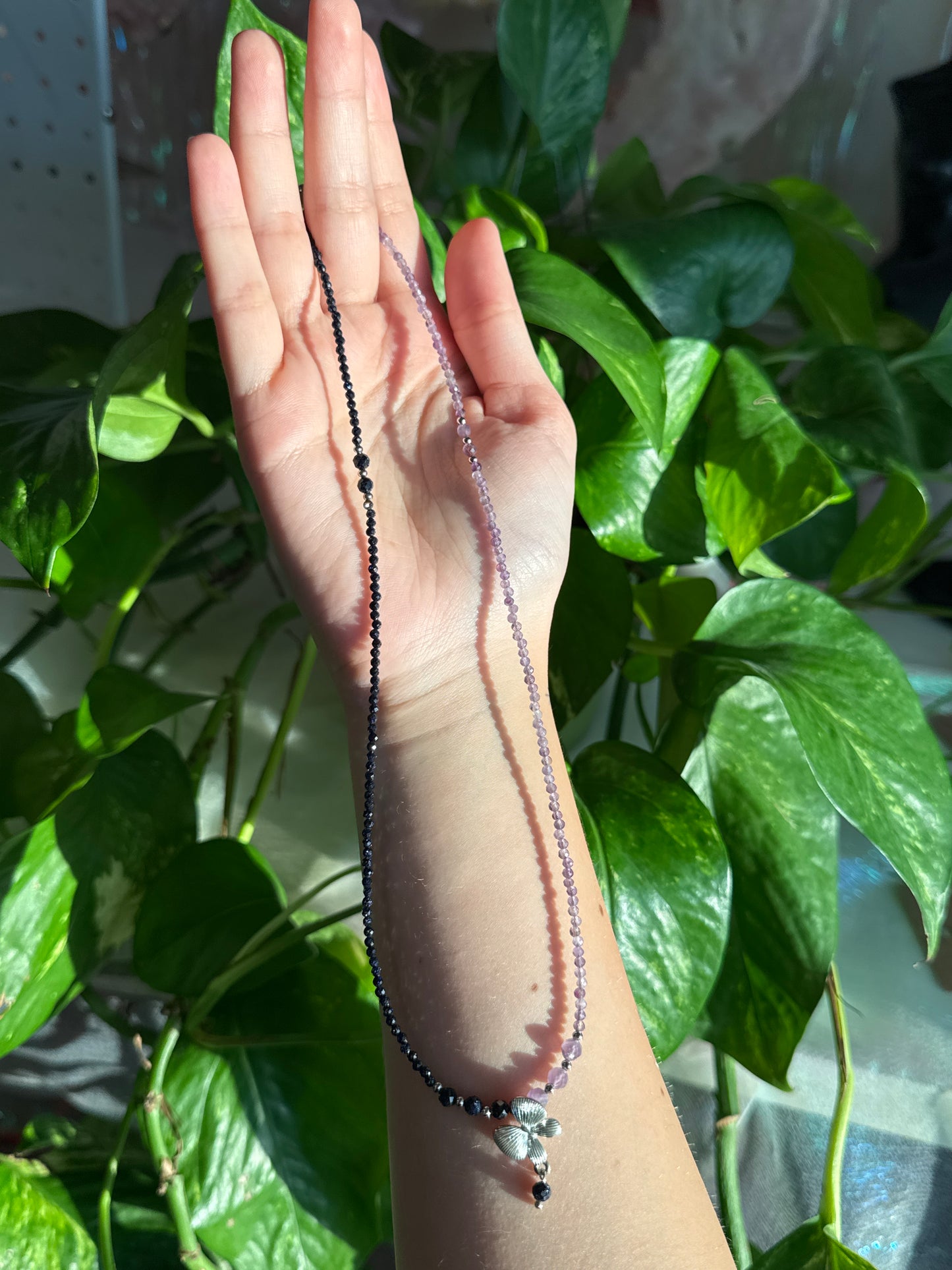 Amethyst and Obsidian Dainty Faceted Beaded Butterfly Adjustable Necklace