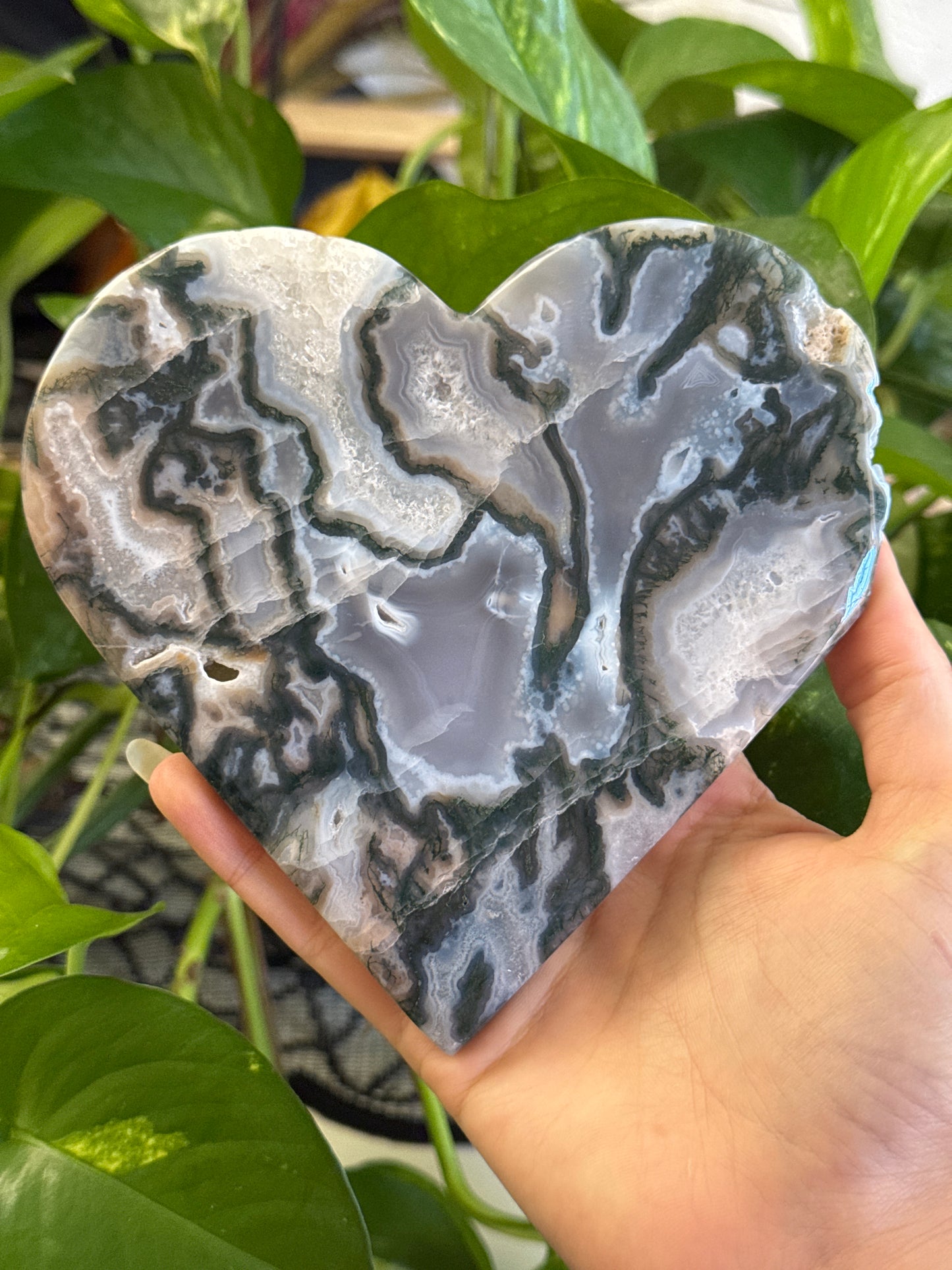 Large Statement Moss Agate Heart on Stand