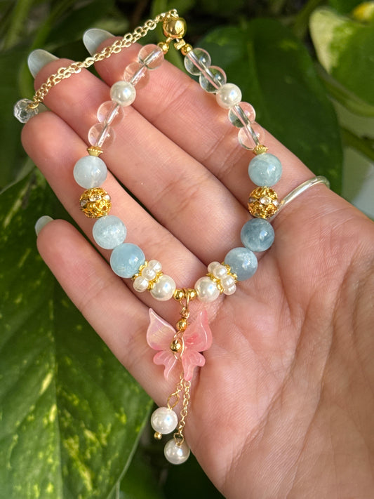 Aquamarine & Clear Quartz Adjustable Bracelet