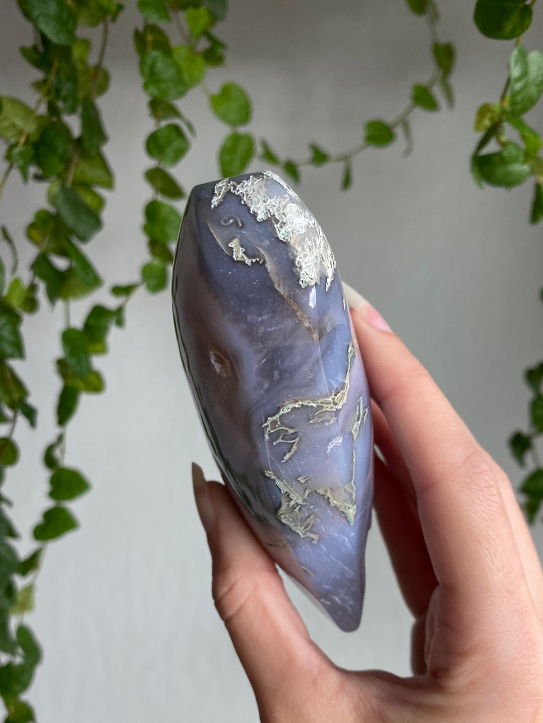 Blue Moss Agate Heart On Stand