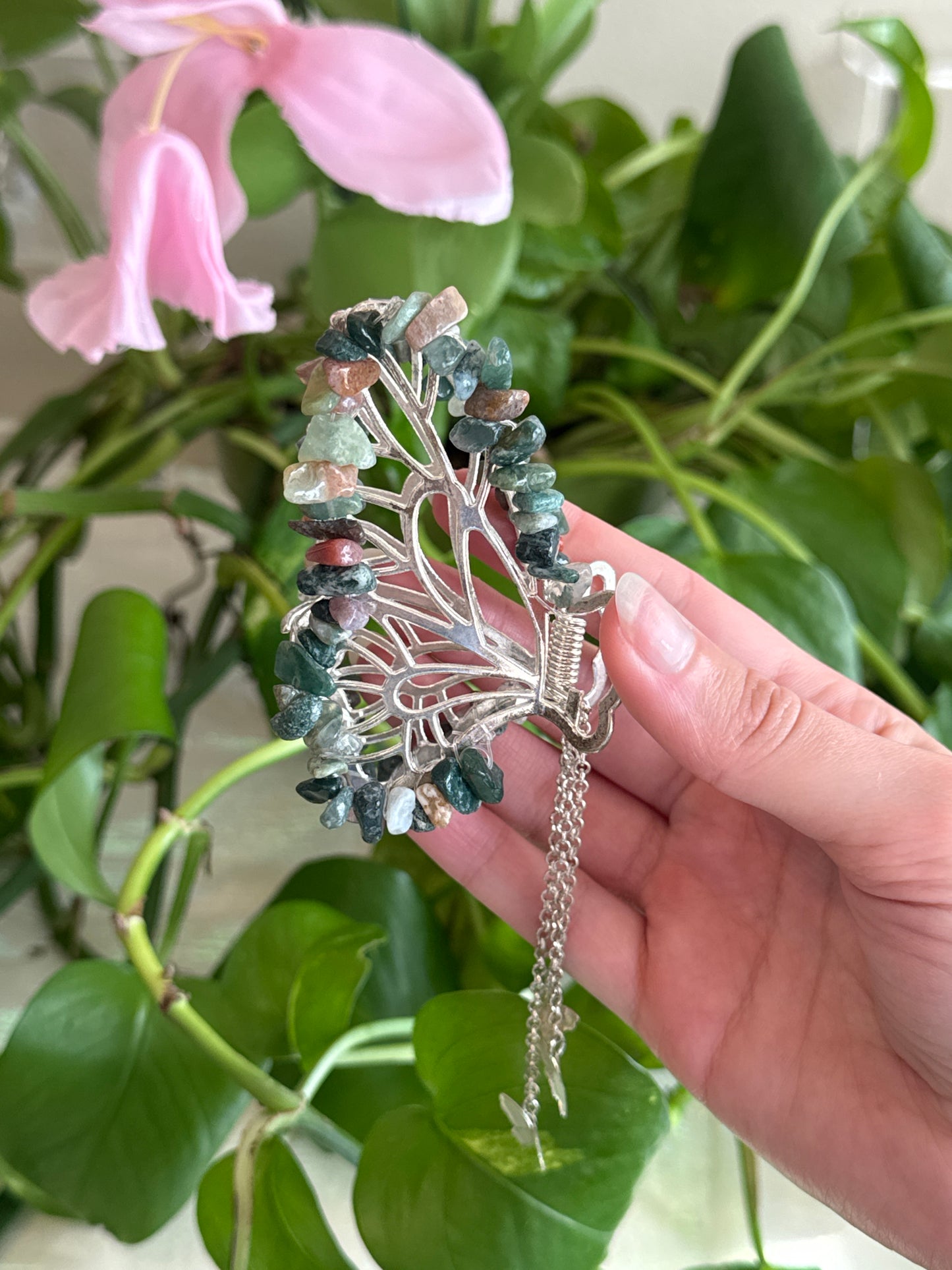 Sea Jasper & Moss Agate Silver Butterfly Hair Claw Clip
