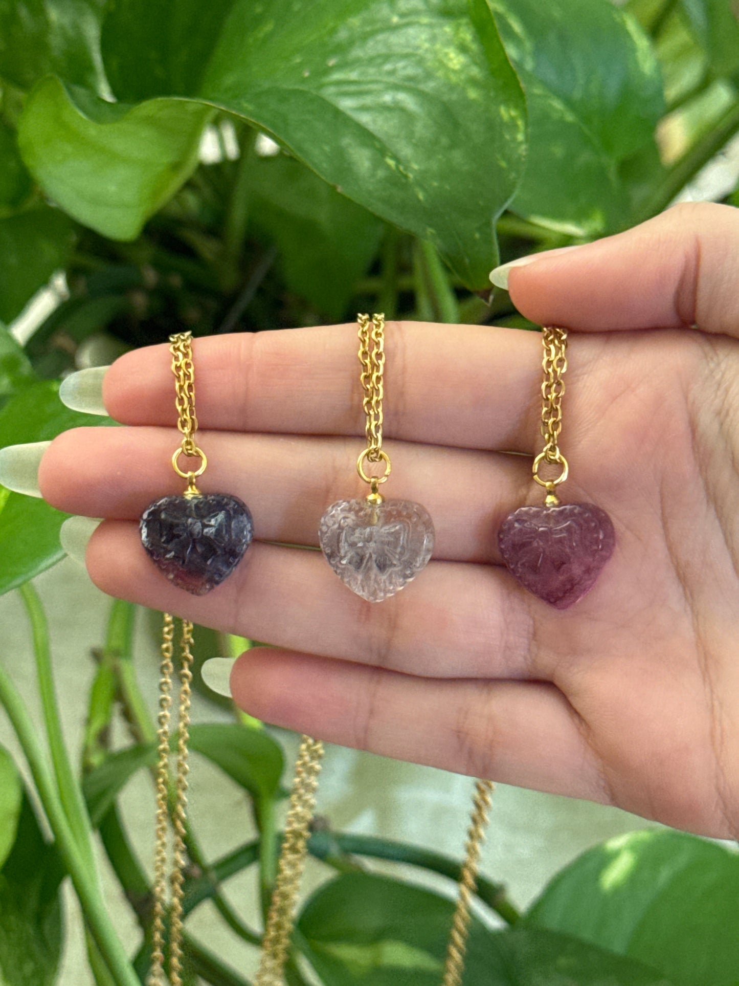 Gold Fluorite Heart with Bow Necklace