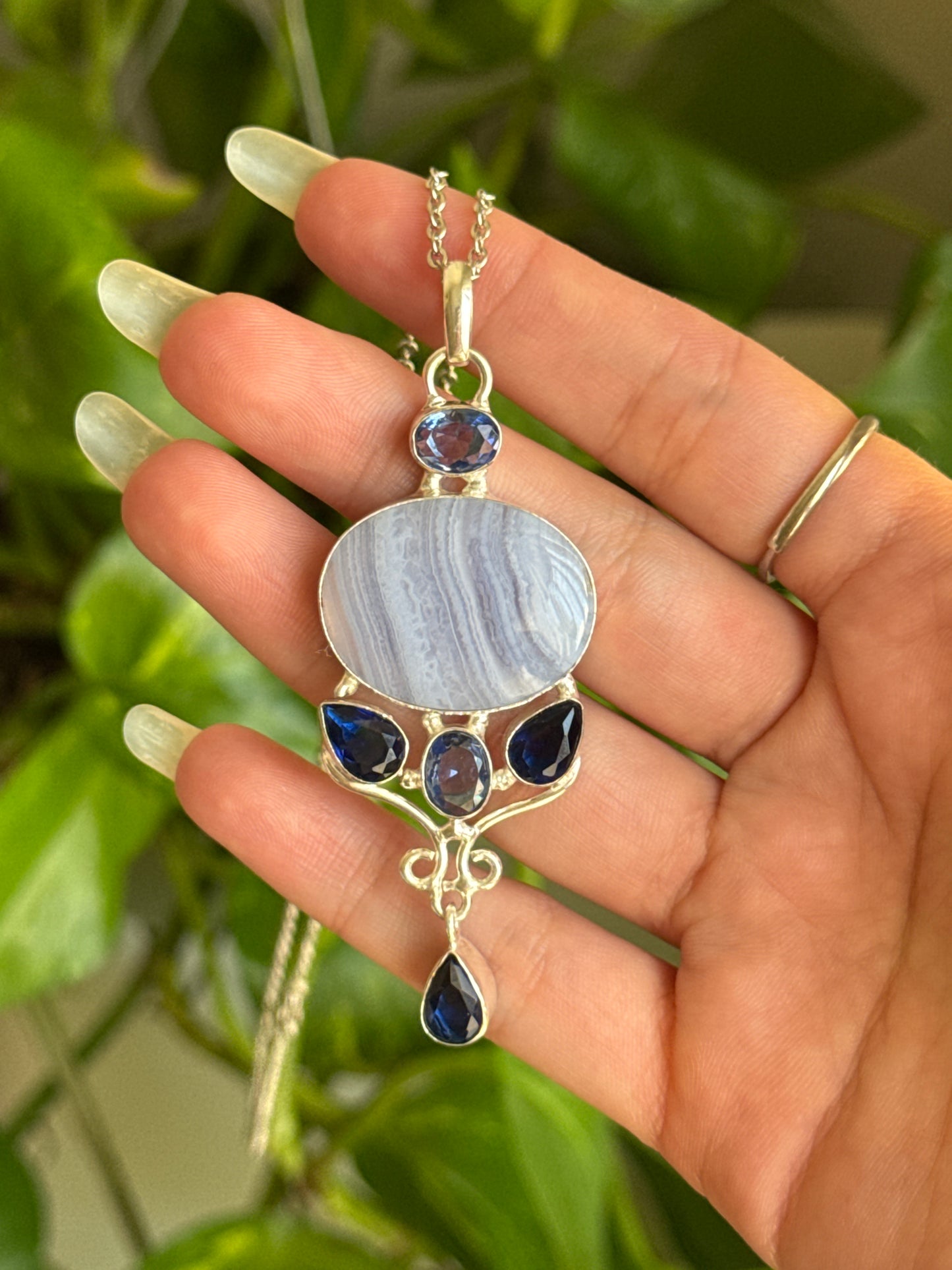 Blue Lace Agate, Blue Topaz, and Kyanite 925 Sterling Silver Statement Necklace