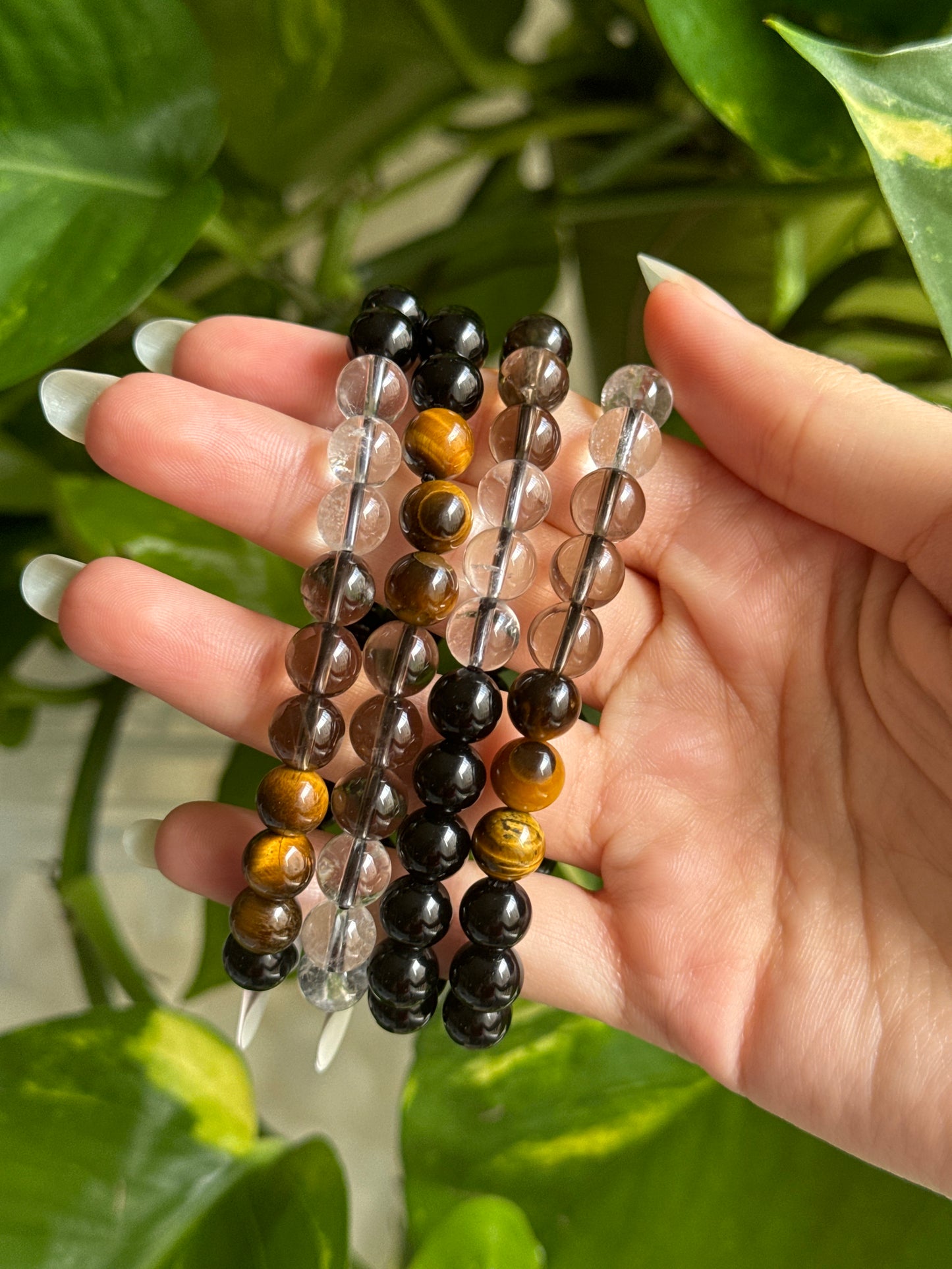 Obsidian& Tigers Eye & Smoky & Clear Quartz Bracelet