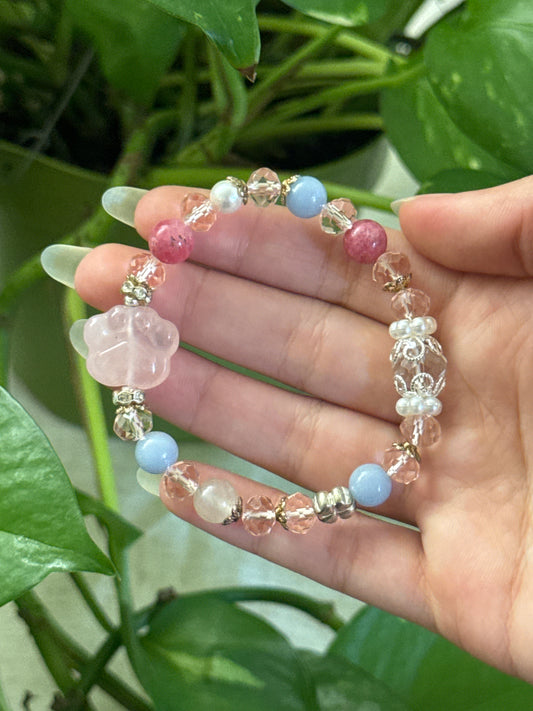 Rose Quartz, Angelite, and Sakura Rhodonite Paw Bracelet