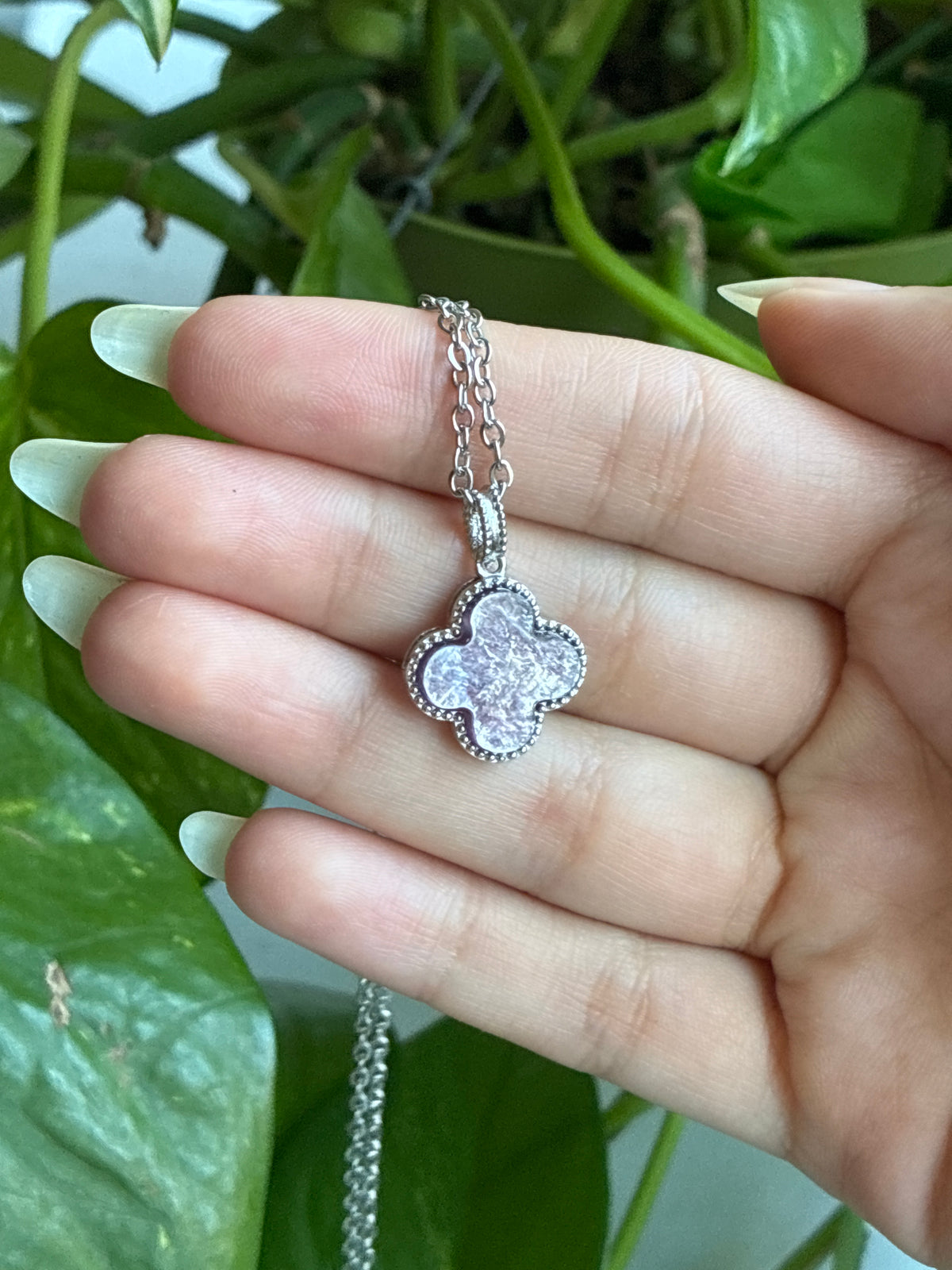 Purple Mica Four Leaf Clover Necklace