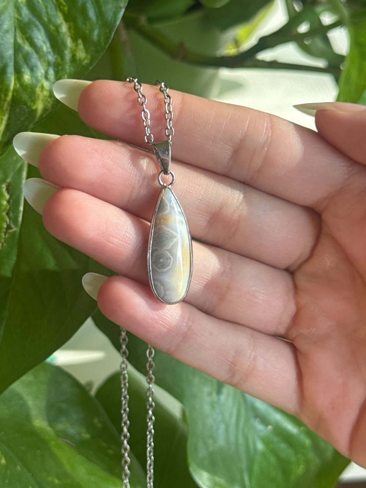 Moody Orbicular Sea Jasper Teardrop Necklace