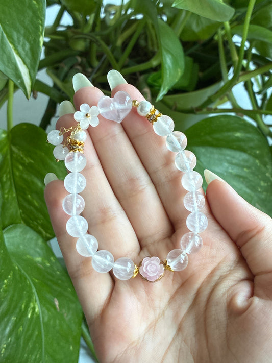 Clear Quartz Heart and Rose Bracelet